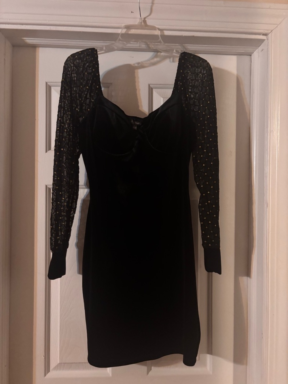 Lily Rose Black Velvet Long-Sleeve Mini Dress with Embellished Sleeves